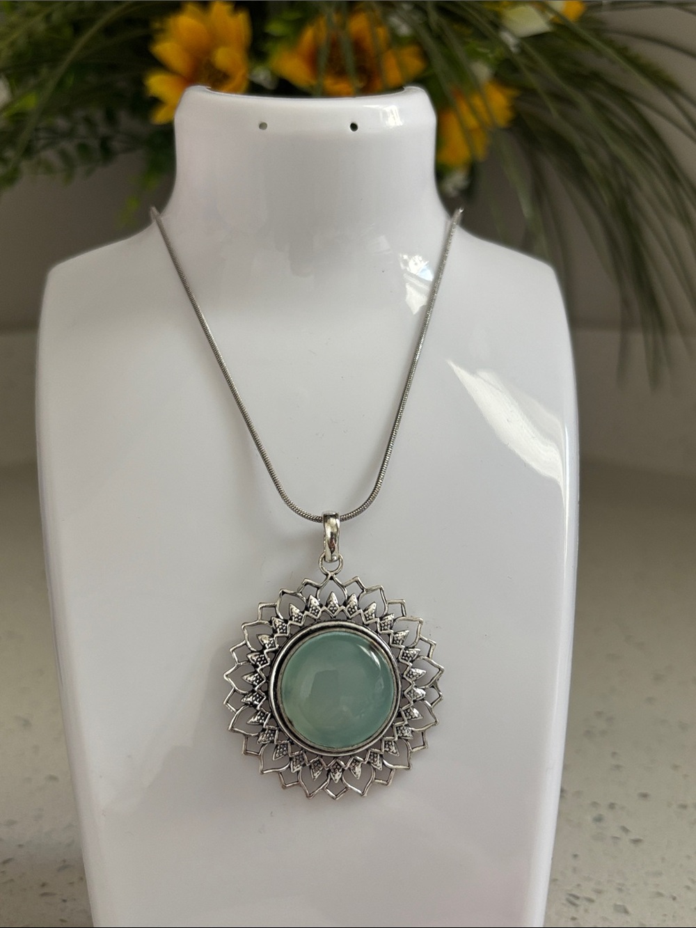 Silver Chalcedony Sunburst Gemstone Pendant Necklace